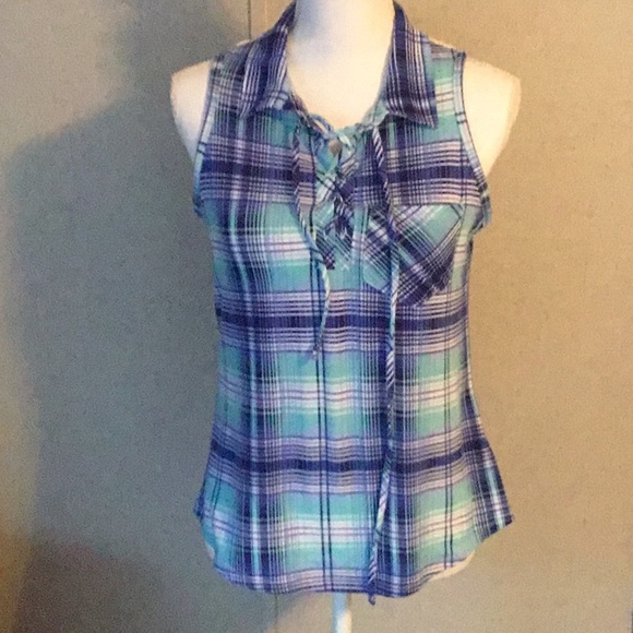 M Fasis blue and white plaid sleeveless top - Picture 1 of 11